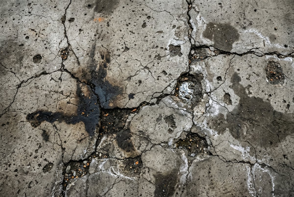 Stained cracked concrete garage floor before epoxy coating in Palm Bay