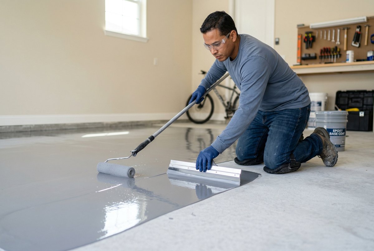Epoxy base coat application and decorative chip broadcast on garage floor in Palm Bay