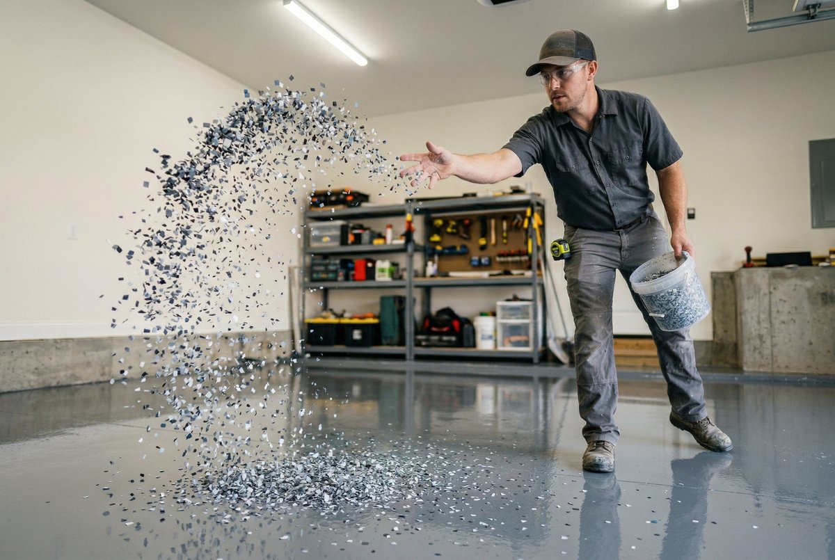 Decorative vinyl chip broadcast to rejection on wet epoxy base coat