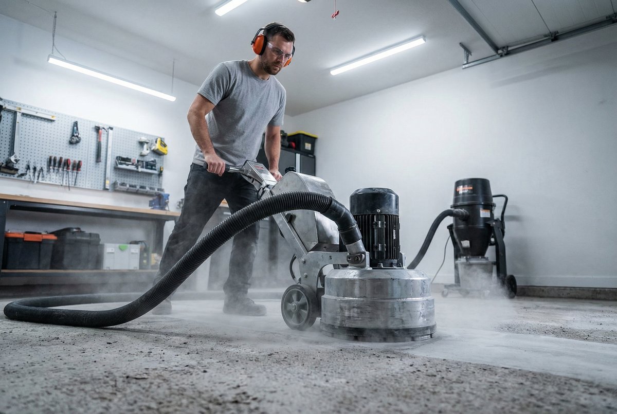 Diamond grinding concrete garage floor surface preparation in Palm Bay FL