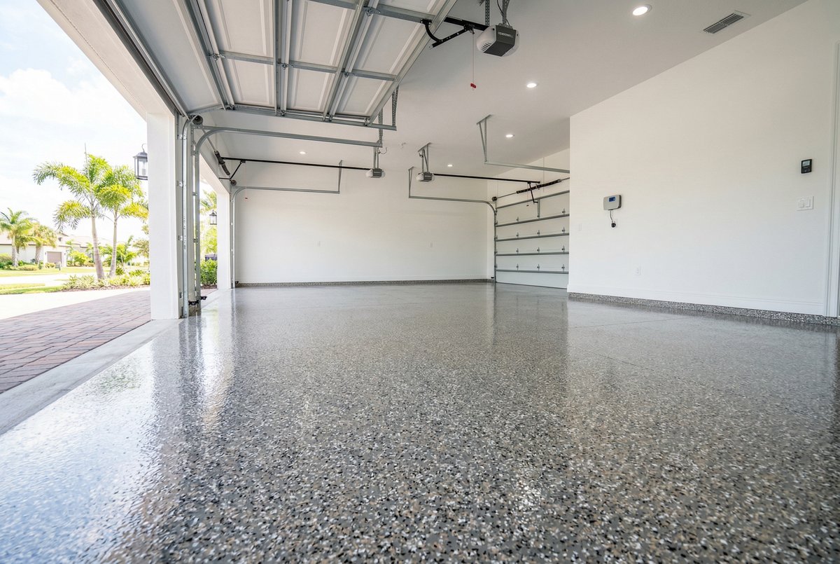 Finished polyaspartic topcoat epoxy garage floor in Palm Bay FL