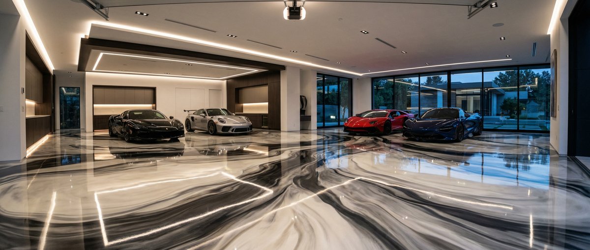 Metallic epoxy flooring with designer finish in Palm Bay FL