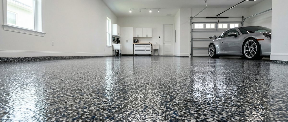 Completed epoxy flooring project reviewed by Palm Bay FL customer